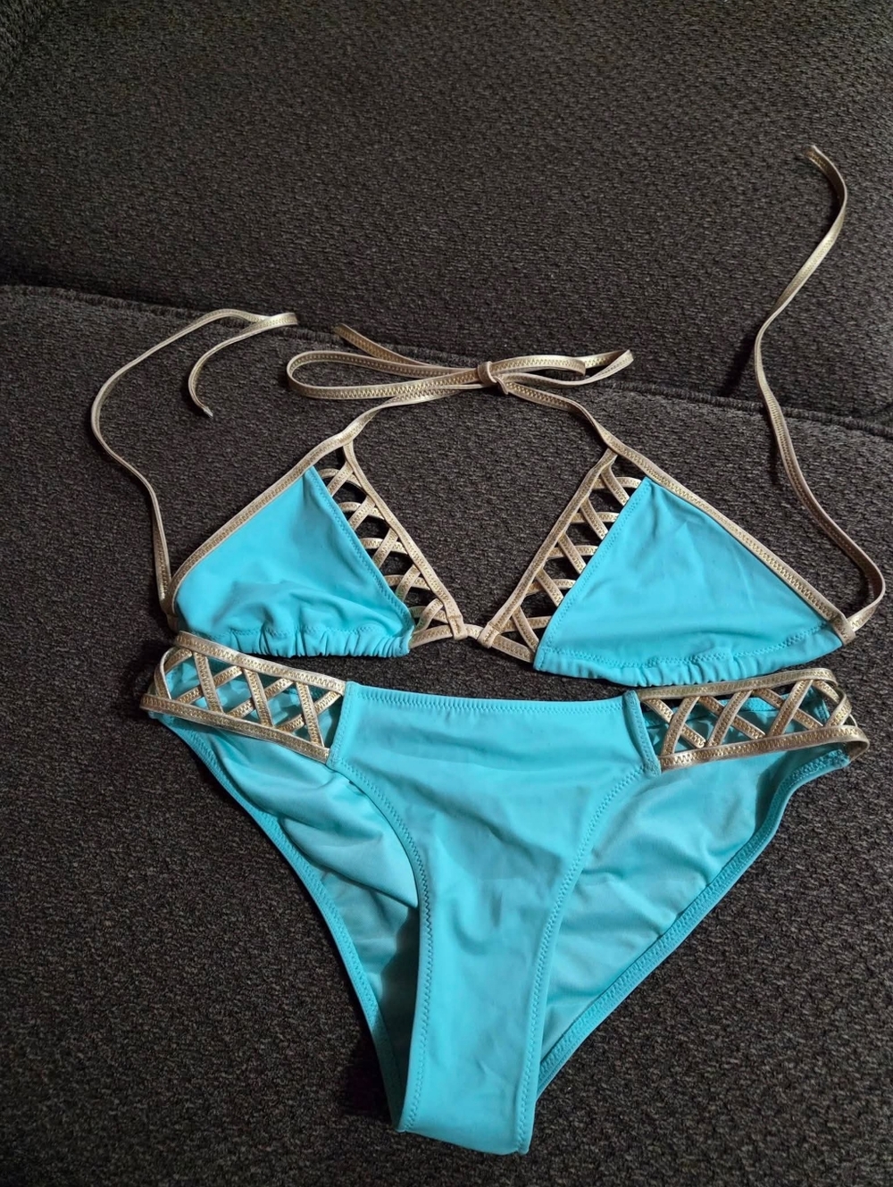 Victoria's Secret Turquoise Bikini with Gold Lattice Trim